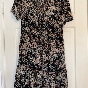 Roxy Floral Black Summer Flow Printed Mid Dress Large Spring Casual